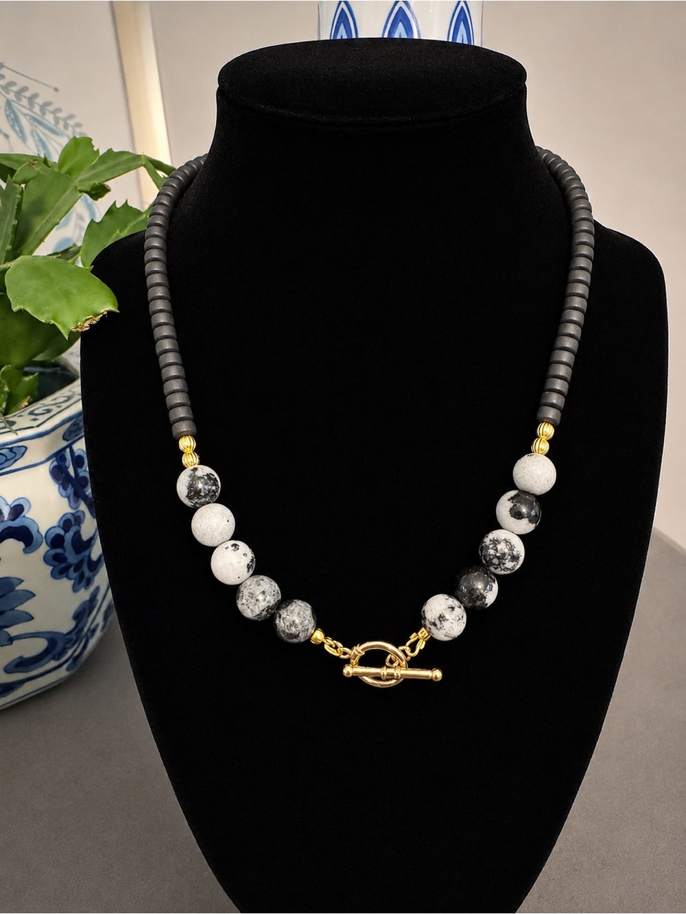 Gold Toggle Black & White Beaded Necklace